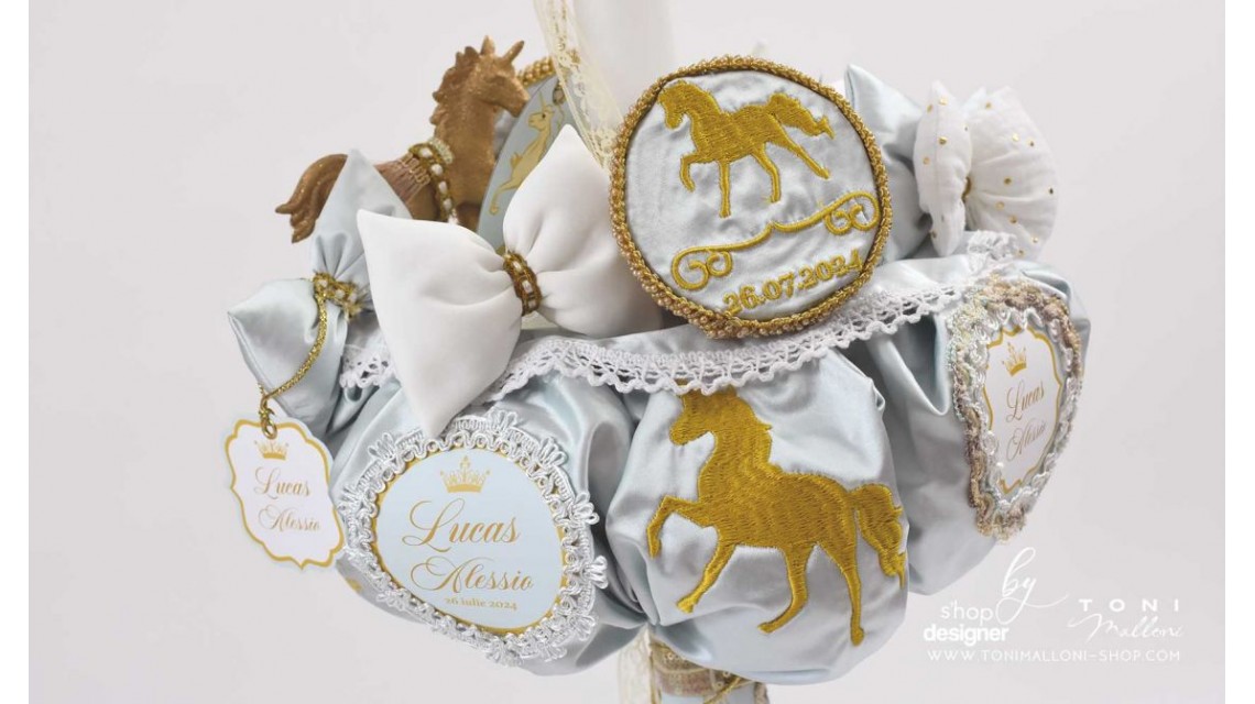 Lumanare botez regala cu broderie personalizata Royal Horse Gold 13